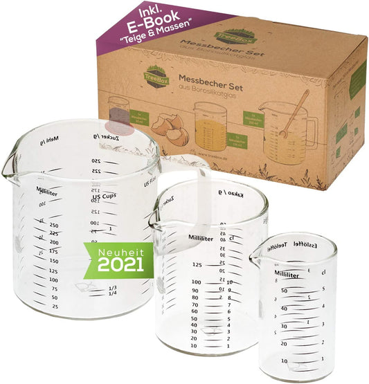 TreeBox Messbecher aus Glas mit Ausguss – 3er Set - 50, 125 & 250ml
